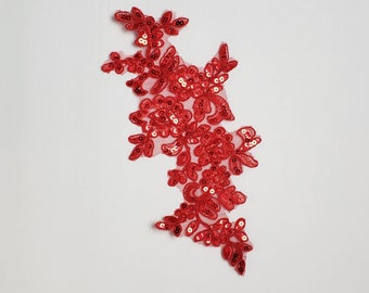 Long Floral sequin applique - red - for your DIY dance costume, bun wrap, or hairpiece - large, flower, embroidered