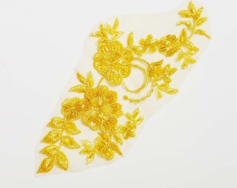 Long beaded sequin applique, yellow, embroidered floral applique, for your dance costume, leotard or DIY hair piece, sequins +beads