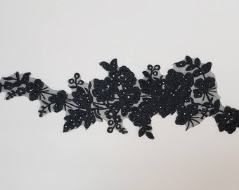Long black sequin applique, embroidered floral applique, for your dance costume, leotard or DIY hair piece or bun wrap