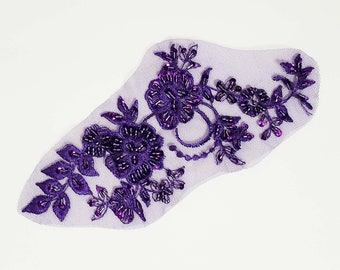 Long beaded sequin applique, purple, embroidered floral applique, for your dance costume, leotard or DIY hair piece, sequins +beads