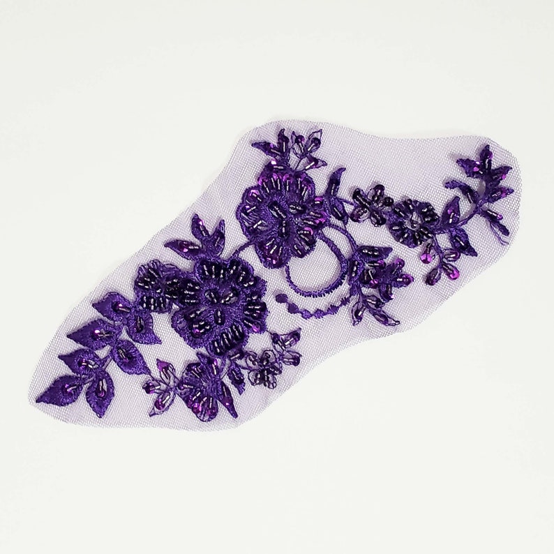 Long beaded sequin applique, purple, embroidered floral applique, for your dance costume, leotard or DIY hair piece, sequins beads image 1