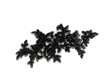 Long Floral sequin applique - black - for your DIY dance costume, bun wrap, or hairpiece - large, flower, embroidered