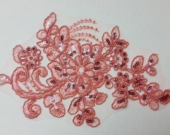 Floral sequin applique - light coral / peach - embroidered trim patch - for your dance costume or DIY hair piece