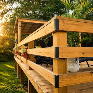May include: A wooden deck featuring horizontal railings with black metal corner brackets. The structure includes a covered section, vertical support posts, and small terracotta-colored pots attached to the railing, with a white planter nearby.