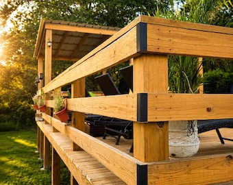 Könnte beinhalten: Eine Holzterrasse mit horizontalen Geländern und schwarzen Metalleckverbindern. Die Konstruktion umfasst einen überdachten Bereich, vertikale Stützpfosten und kleine terrakottafarbene Töpfe, die am Geländer befestigt sind, sowie einen weißen Pflanzkübel.