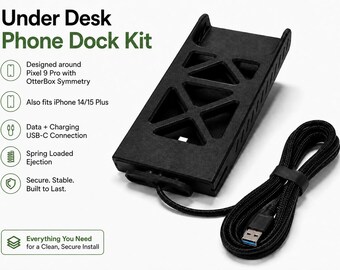 Under Desk Phone Dock | Hidden Phone Holder | USB-C Charging Mount | Fits Pixel 9 Pro & iPhone 15 Plus