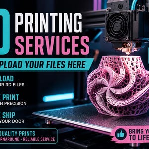 May include: A 3D printer is shown creating a pink, intricate design. The image includes text that reads "3D Printing Services" and "Upload Your Files Here." Additional text highlights precision, quality, and reliability.
