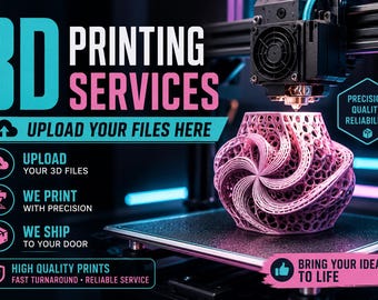 Könnte beinhalten: Ein 3D-Drucker erstellt ein rosa, kompliziertes Design. Das Bild enthält den Text "3D-Druckdienste" und "Laden Sie Ihre Dateien hier hoch". Zusätzlicher Text hebt Präzision, Qualität und Zuverlässigkeit hervor.