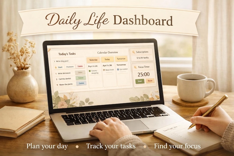Może przedstawiać: Laptop z interfejsem "Daily Life Dashboard", z listami zadań i przeglądem kalendarza. Osoba pisze w notatniku długopisem. Na drewnianym biurku znajduje się r&oacute;wnież kubek z kawą, wazon z suszonymi kwiatami i stos książek.