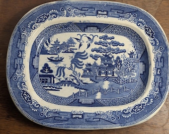 Antique Blue Willow Platter Large 14" Oval Deep Serving Dish, 19th Century Staffordshire Blue and White Transferware, Ironstone Meat Platter