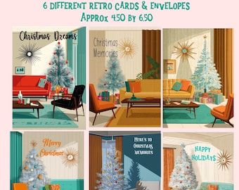 May include: Set of six retro Christmas cards with mid-century modern designs. Each card features a decorated Christmas tree in a living room setting. Text includes "Christmas Dreams", "Christmas Memories", "Merry Christmas", "Here's to Christmas Memories", and "Happy Holidays".