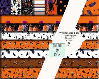 Halloween Scrapbook Paper: Witches & Bats Pattern (Digital Download)