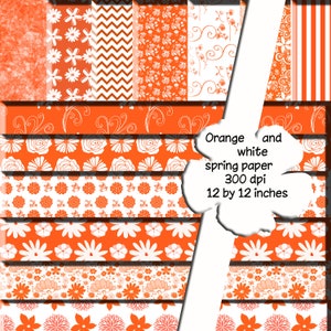 Orange & White Scrapbook Paper: Spring Floral Patterns (Digital Download)