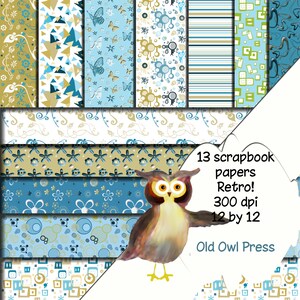 Retro scrapbook paper, retro patterns, decoupage paper, digital paper pack, blue and mint, instant download, free commercial use, paper pack
