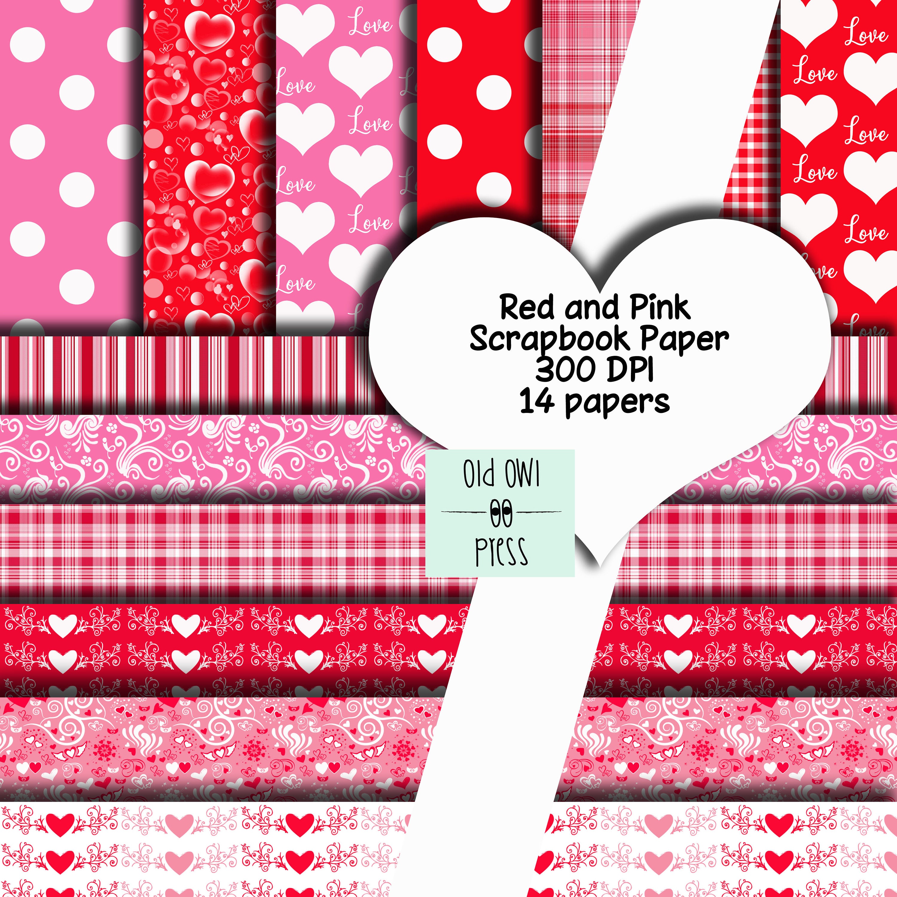 Valentine's day paper,14 scrapbook papers, pink and red paper, paper  pack,hearts paper, instant download, free commercial use,junk journal