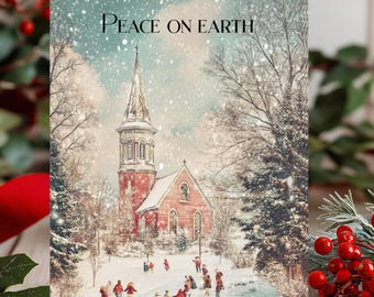 May include: A Christmas card with the words "Peace on Earth" in elegant script. The image depicts a snow-covered scene with a red church, children, and falling snow. The card has a vintage, nostalgic feel.