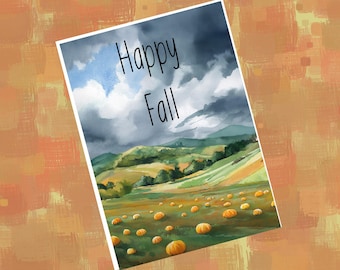 Watercolor Autumn Greeting Card: Pumpkin Field Fall Stationery