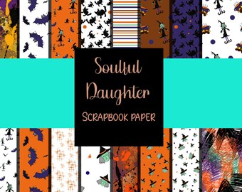 Halloween Scrapbook,  printable paper ,Digital scrapbook paper, 12 by 12, hand drawn bats, witches, instant download, commercial use