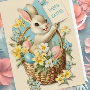 May include: A vintage-style Easter card featuring a bunny holding a sign that reads "Happy Easter." The bunny sits in a woven basket filled with colorful eggs and flowers. The card has a soft, pastel color palette.