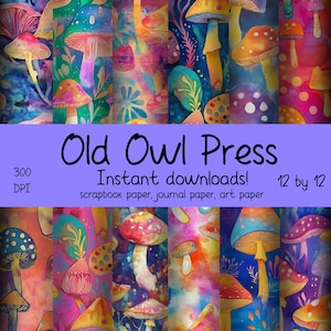 Shabby scrapbook paper, 12 by 12,scrapbooking, instant download, mixed media paper, junk journal, hippie mushrooms