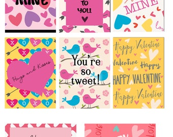 8 printable Valentine cards, hearts Valentine cards, instant download, kid's valentines, cards for friends, love cards,