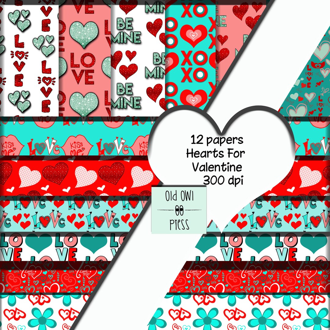 Valentine's Day Paper,12 Scrapbook Papers, Turquoise and Red Paper ...