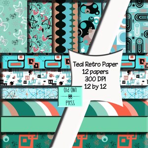 Teal and turquoise paper, retro scrapbook, craft paper, scrapbooking, commercial free, instant download, retro style paper, mid century
