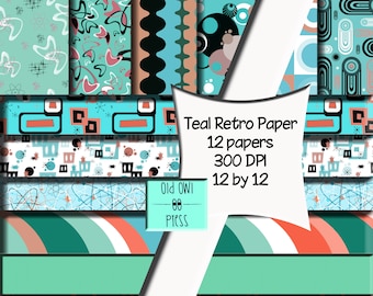 Teal Turquoise Retro Paper: 12x12 Scrapbook Paper (Digital Download)