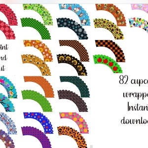 Op de afbeelding: 82 printbare cupcake-verpakkingen met verschillende kleurrijke ontwerpen, waaronder stippen, ruitjes en bloemenpatronen. De tekst "Print And Cut" is zichtbaar in de afbeelding.