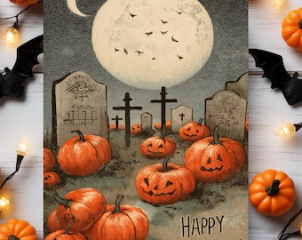 Spooky Graveyard Pumpkins Halloween Greeting Card