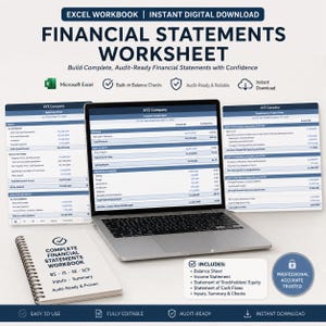Può includere: Un modello digitale di fogli di calcolo finanziari con la scritta "FINANCIAL STATEMENTS WORKSHEET". L'immagine include un laptop che mostra dati finanziari, un taccuino a spirale e un logo di Microsoft Excel. Il modello è progettato per creare rendiconti finanziari pronti per la revisione.