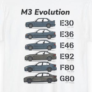 May include: A white t-shirt featuring a graphic on the back titled M3 Evolution. The design displays six side-profile illustrations of car models labeled E30, E36, E46, E92, F80, and G80, each accompanied by its respective production years in small text.