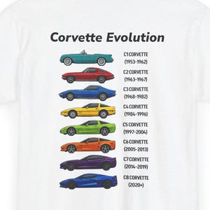Corvette Generations-shirt | Corvette Evolution-T-shirt | C1-C8 tijdlijnshirt | Klassiek en modern Corvette-cadeau voor autoliefhebbers