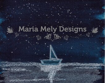 Midnight Sailing - Original Artwork - A5 Navy Blue Sailboat Starry Sky Watercolour and Oil Pastel