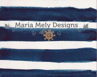Tiny Sailing Wheel - Original Artwork A5 Watercolour Golden Shiny Wheel Navy Blue Stripes