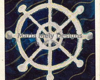 Sailing Wheel on Waves - Original A5 Artwork - Navy Blue Silver Shiny Watercolour and Oil Pastels
