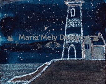 Midnight Lighthouse - Original Artwork A5 size - Nautical Coastal Theme - Navy Blue