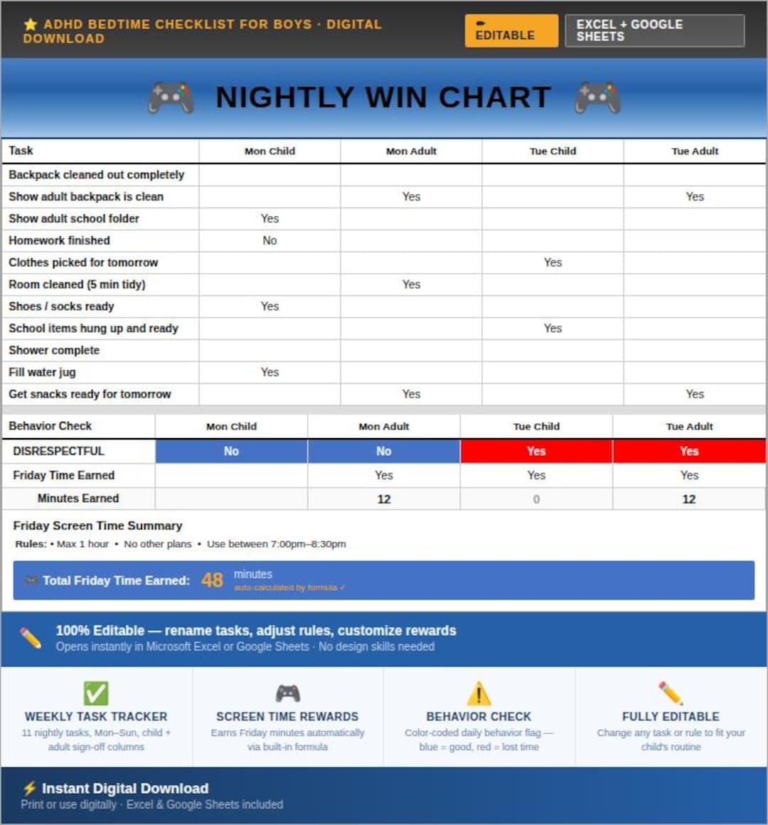 ADHD Bedtime Routine Chart for Boys, Nightly Win Chart, Kids Chore ...