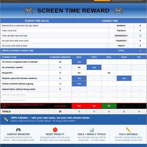 May include: A digital screen time reward system for boys with ADHD. The printable chart is editable in Excel or Google Sheets. It includes sections for earned time, screen time rules, and earned tasks. The chart is designed to help boys manage their screen time.