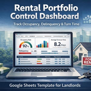 Spårning av hyresportfölj, KPI-instrumentpanel, försenad beläggning (Google Sheets)