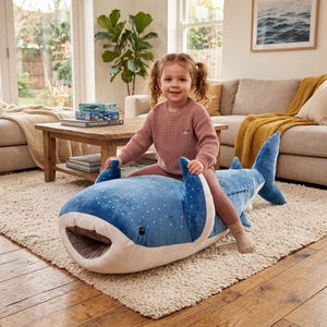 Op de afbeelding: Een blauw pluche speelgoed in de vorm van een walvishaai met witte stippen en vinnen. Een jong kind zit op het speelgoed, dat op een cr&egrave;mekleurig tapijt ligt. Het speelgoed staat in een woonkamer.