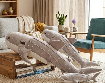 Grey Whale Shark Plush Body Pillow, Ocean Stuffed Animal, Coastal Decor, Marine Animal