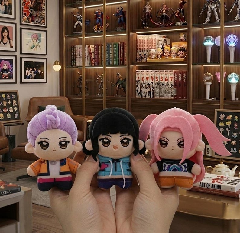 Pu&ograve; includere: Tre bambole di peluche con caratteristiche in stile anime. Le bambole hanno acconciature e abiti diversi, tra cui uno chignon viola, capelli neri e codini rosa. Le bambole sono tenute davanti a uno sfondo con scaffali di libri e statuette.