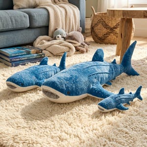 Op de afbeelding: Drie pluche walvishaaien in verschillende maten. De grootste is ongeveer 122 cm lang, met een blauw lichaam en witte stippen. De kleinere hebben een vergelijkbaar ontwerp. Ze liggen op een cr&egrave;mekleurig, harig tapijt.
