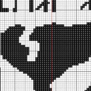 May include: A cross-stitch pattern printed on a white grid background. The design features a large, solid black heart shape composed of individual 'c' characters. The letters 'L I A I' are visible at the top, and a thin red vertical line divides the heart.