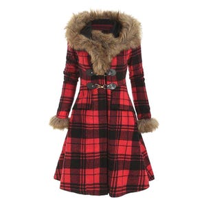 May include: A long-sleeved coat featuring a red and black plaid pattern, a large hood trimmed with brown faux fur, and matching faux fur cuffs. The front closure consists of two black toggle fasteners with metallic silver-toned hardware.