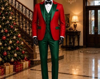 May include: A three-piece suit comprising a bright red blazer with dark green lapels, a coordinating dark green waistcoat, and dark green trousers. The outfit is completed with a crisp white shirt, a black bow tie, and a dark green pocket square.