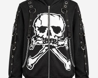 Men’s Black Skull Zip Hoodie Gothic Streetwear Punk Techwear Chain Strap Harajuku Style