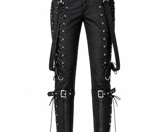 Pantaloni gotici neri con lacci, pantaloni punk con cinturino, pantaloni slim fit con fibbia, pantaloni unisex