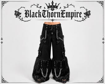 Pantalones anchos góticos negros - Pantalones cargo punk con cadena - Ropa urbana oscura - BlackthornEmpire